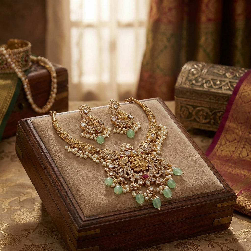 Lakshmi Bridal Necklace – Traditional Gold Temple Jewelry for Weddings &amp; Festive Wear2