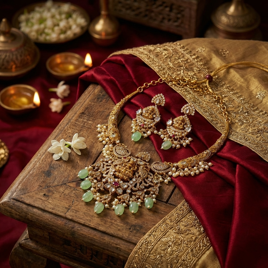 Lakshmi Bridal Necklace – Traditional Gold Temple Jewelry for Weddings &amp; Festive Wear4