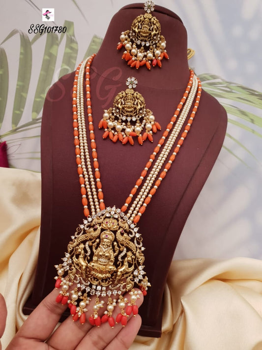 Lakshmi Doller Coral Long Necklace Set - TheFindify