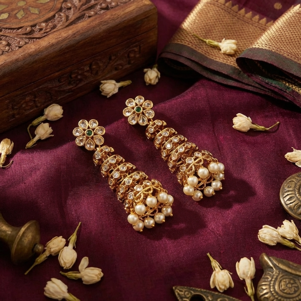 Matte Finish Temple Earrings – Traditional South Indian Gold Look Earrings for Women