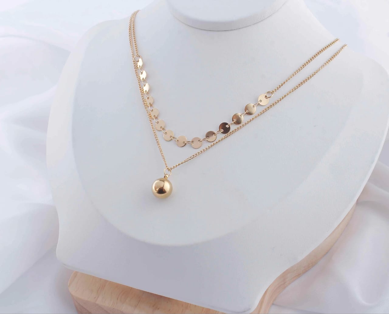 Double Layered Gold Chain with Gold Ball Pendent