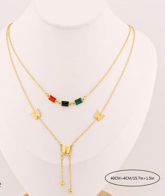 Double Layered Three Stones and Butterfly Gold Chain