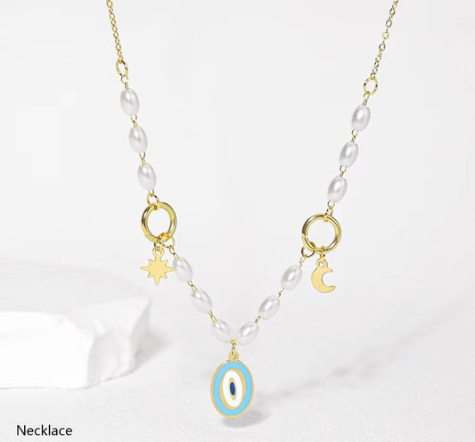 Star and Moon Evil Eye pendent With Pearl Chain