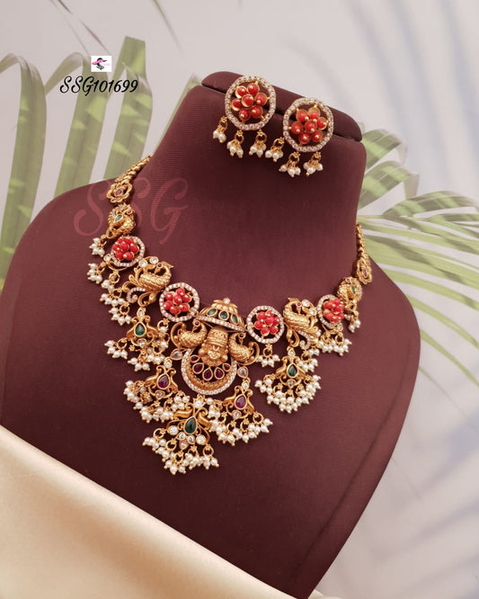 Rice Pearl & Coral Balaji Necklace Set - TheFindify