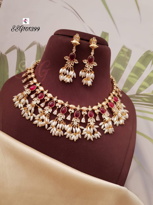 Rice Pearl Kundan Necklace with Earrings - TheFindify