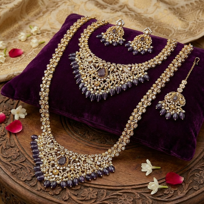 Royal Amethyst Kundan Bridal Jewelry Set – Luxury Necklace, Earrings & Statement Accessories
