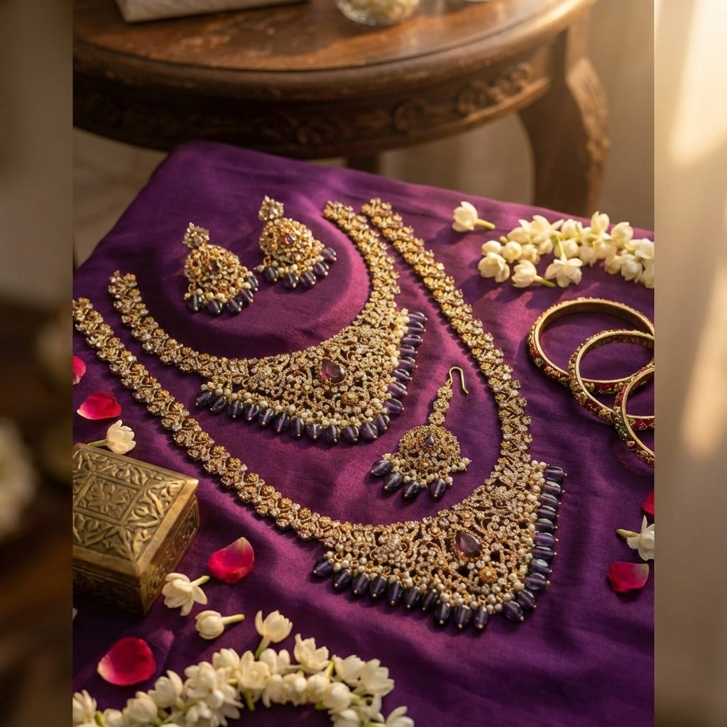 Royal Amethyst Kundan Bridal Jewelry Set – Luxury Necklace, Earrings & Statement Accessories