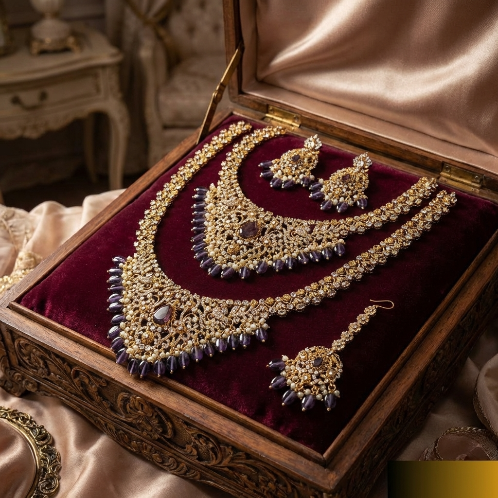 Royal Amethyst Kundan Bridal Jewelry Set – Luxury Necklace, Earrings & Statement Accessories