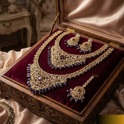 Royal Amethyst Kundan Bridal Jewelry Set – Luxury Necklace, Earrings & Statement Accessories