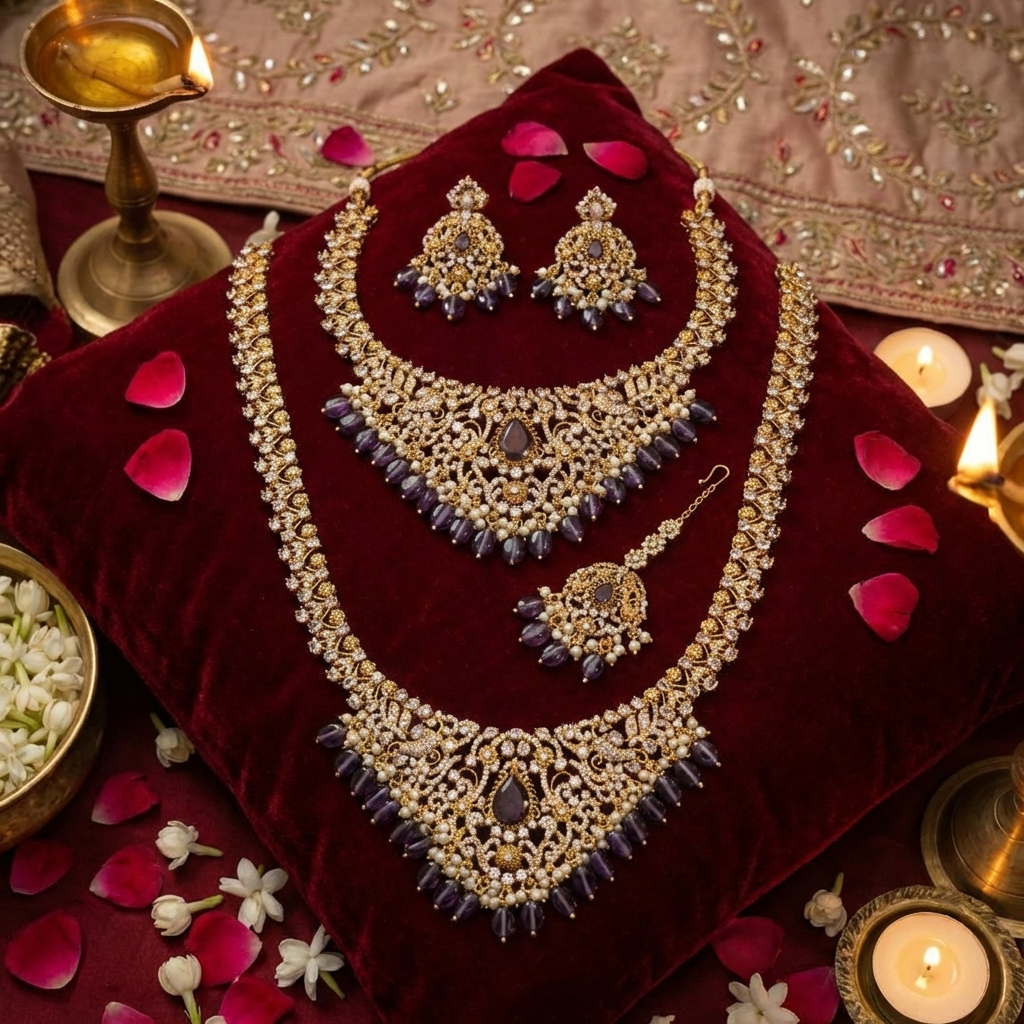 Royal Amethyst Kundan Bridal Jewelry Set – Luxury Necklace, Earrings & Statement Accessories