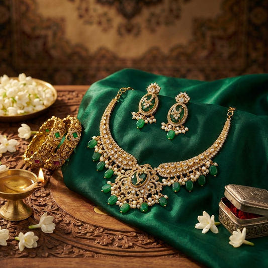 Royal Emerald Kundan Bridal Jewelry Set – Luxury Wedding Necklace, Earrings & Bangles