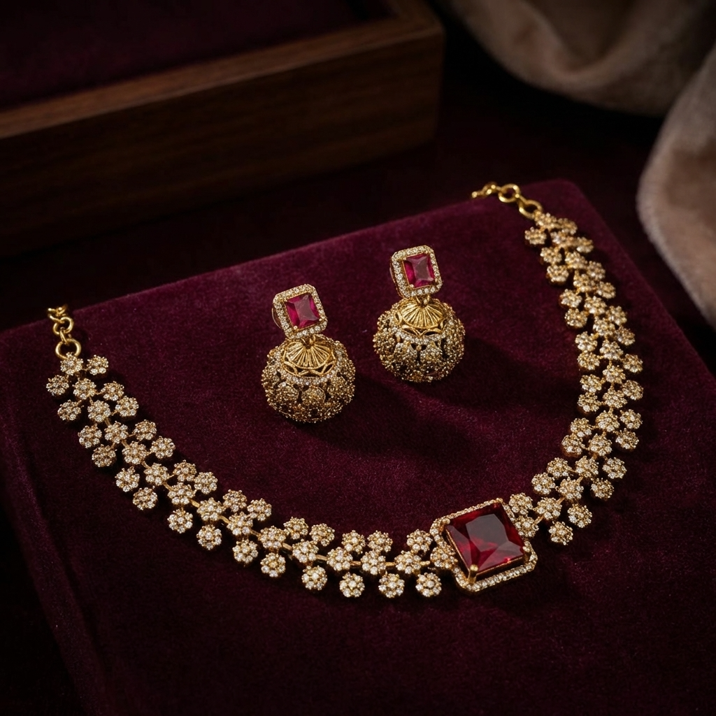  Royal Ruby Stone Necklace Set – Luxury Diamond Look Bridal Jewelry with Earrings