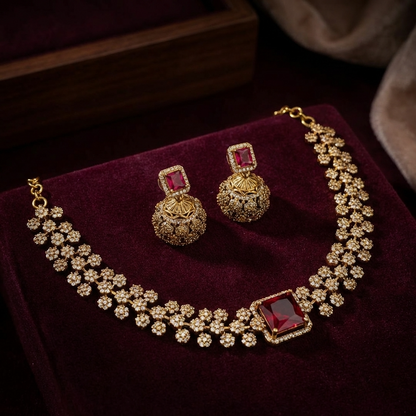  Royal Ruby Stone Necklace Set – Luxury Diamond Look Bridal Jewelry with Earrings