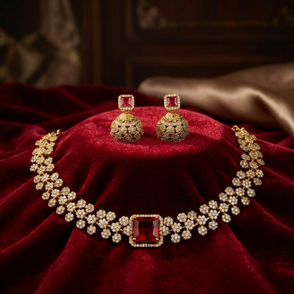  Royal Ruby Stone Necklace Set – Luxury Diamond Look Bridal Jewelry with Earrings