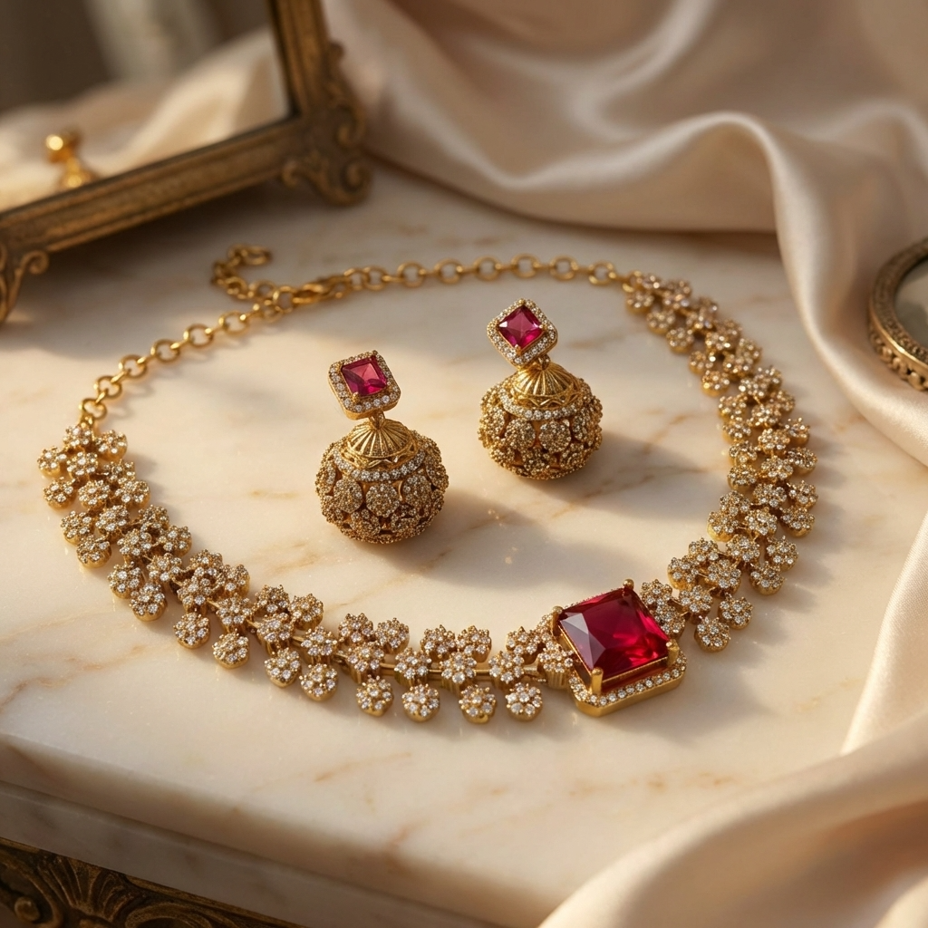  Royal Ruby Stone Necklace Set – Luxury Diamond Look Bridal Jewelry with Earrings