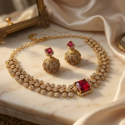  Royal Ruby Stone Necklace Set – Luxury Diamond Look Bridal Jewelry with Earrings