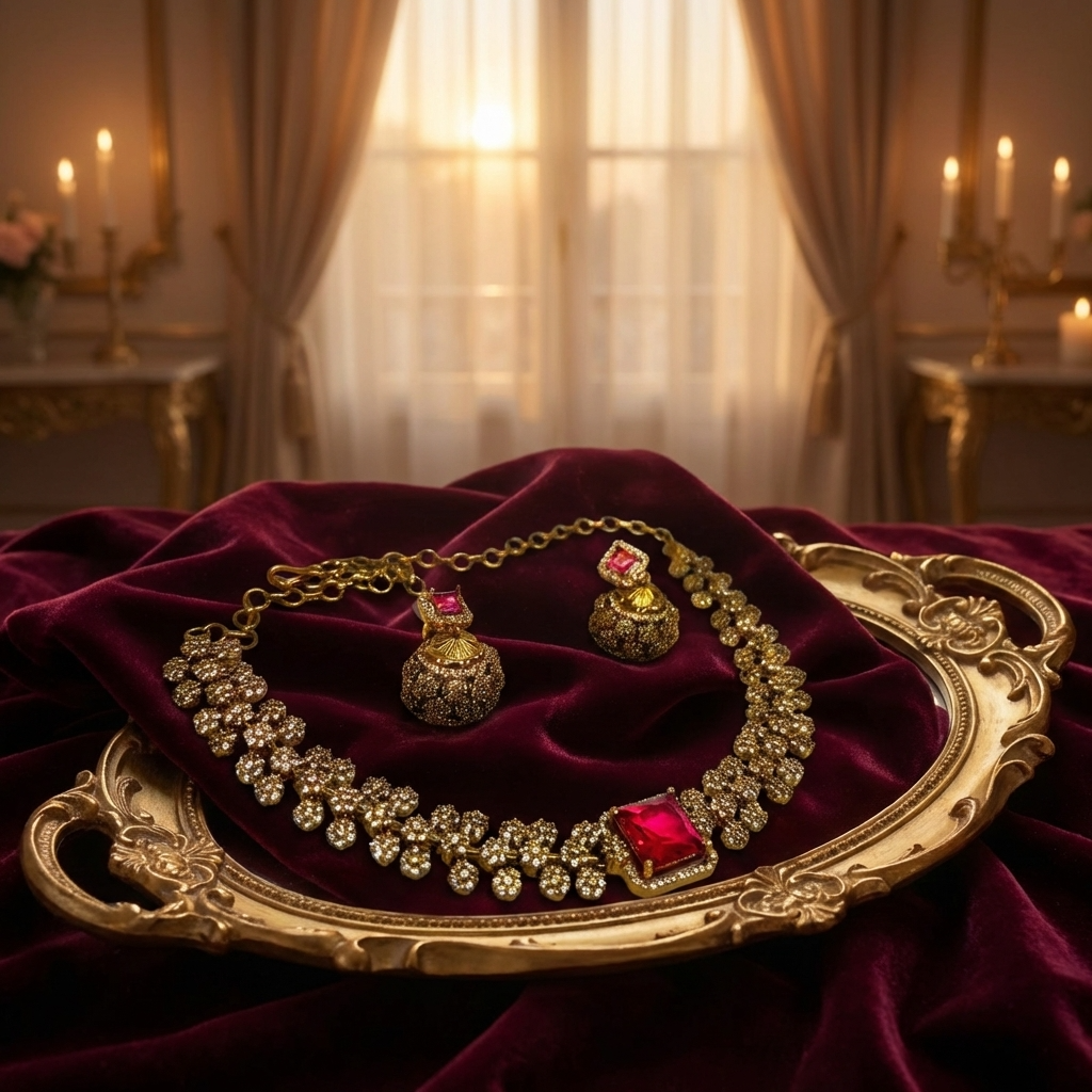  Royal Ruby Stone Necklace Set – Luxury Diamond Look Bridal Jewelry with Earrings
