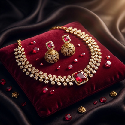  Royal Ruby Stone Necklace Set – Luxury Diamond Look Bridal Jewelry with Earrings