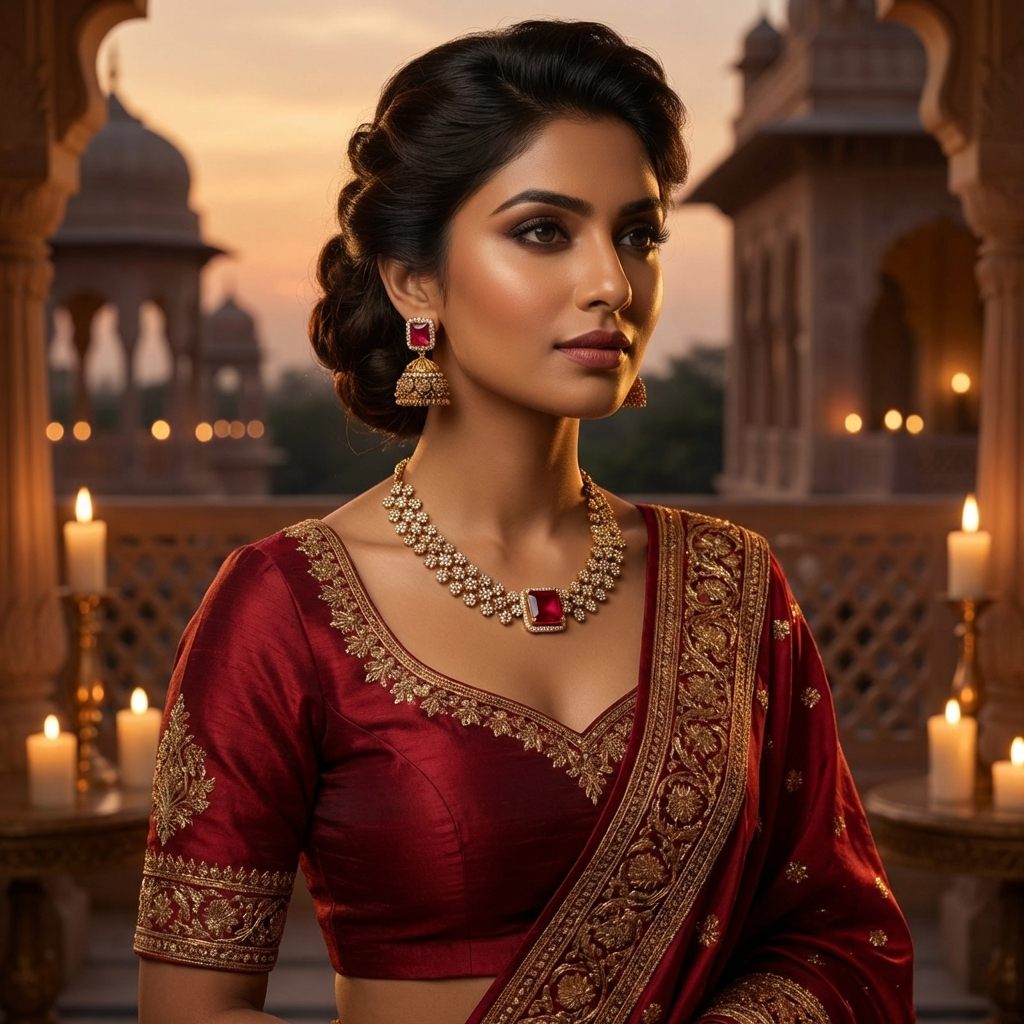 Royal Ruby Stone Necklace Set – Luxury Diamond Look Bridal Jewelry with Earrings