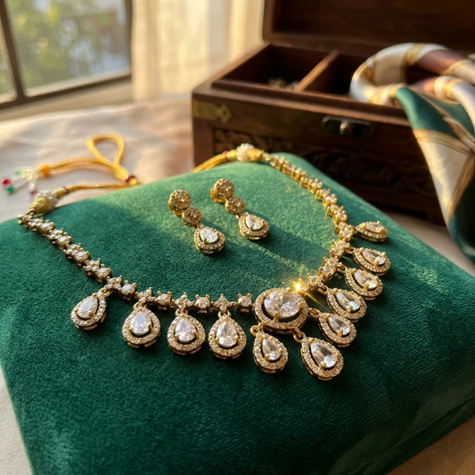 Royal Teardrop Diamond Look Necklace Set – Premium Bridal & Party Wear Jewelry