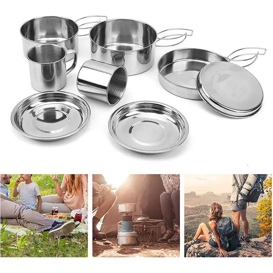 4-piece Camping Pot Set Stainless Steel With Folding Handle Pot Portable Outdoor Cookware Set Picnic Pot Set