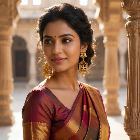 Traditional Lakshmi Temple Jhumka Earrings – Antique Gold South Indian Jewelry with Pearl Drops