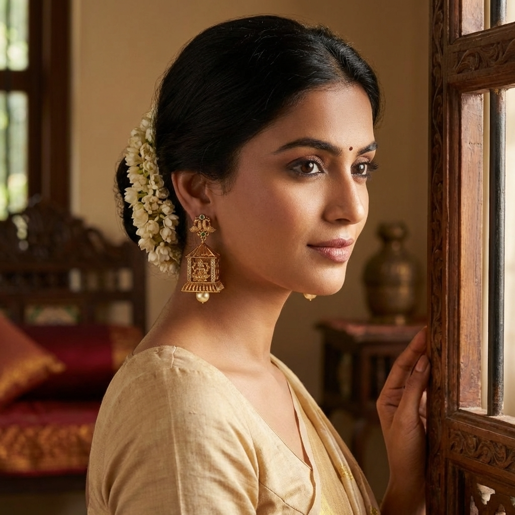 Traditional Lakshmi Temple Jhumka Earrings – Antique Gold South Indian Jewelry with Pearl Drops