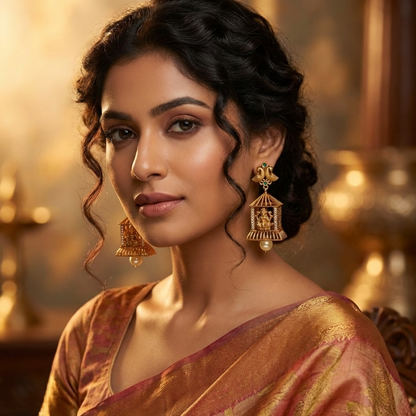 Traditional Lakshmi Temple Jhumka Earrings – Antique Gold South Indian Jewelry with Pearl Drops