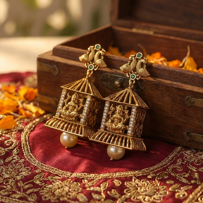 Traditional Lakshmi Temple Jhumka Earrings – Antique Gold South Indian Jewelry with Pearl Drops