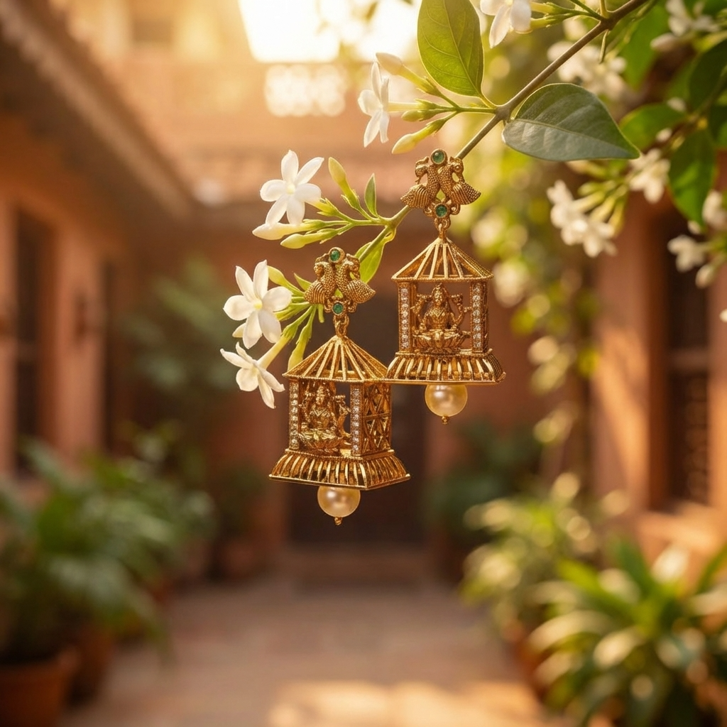 Traditional Lakshmi Temple Jhumka Earrings – Antique Gold South Indian Jewelry with Pearl Drops