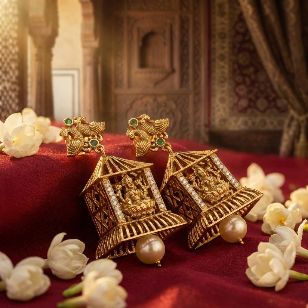 Traditional Lakshmi Temple Jhumka Earrings – Antique Gold South Indian Jewelry with Pearl Drops