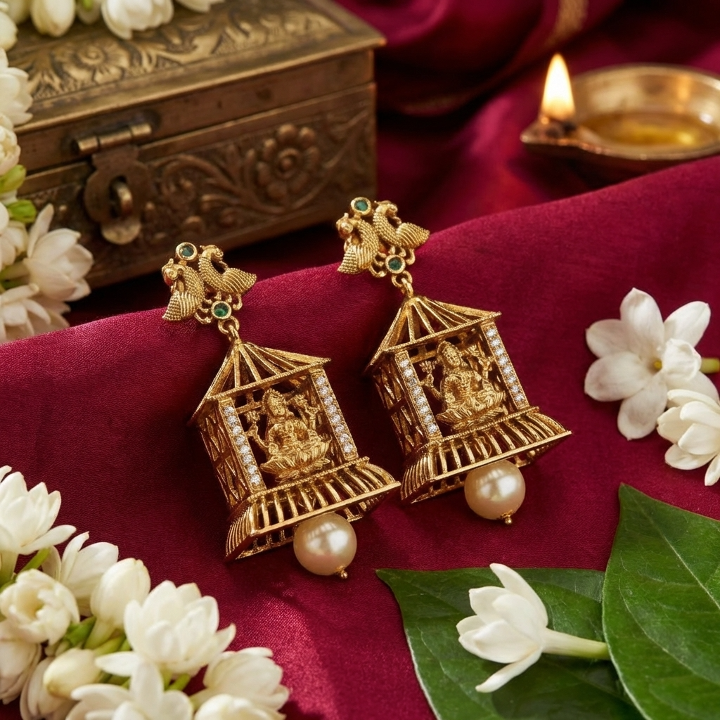 Traditional Lakshmi Temple Jhumka Earrings – Antique Gold South Indian Jewelry with Pearl Drops