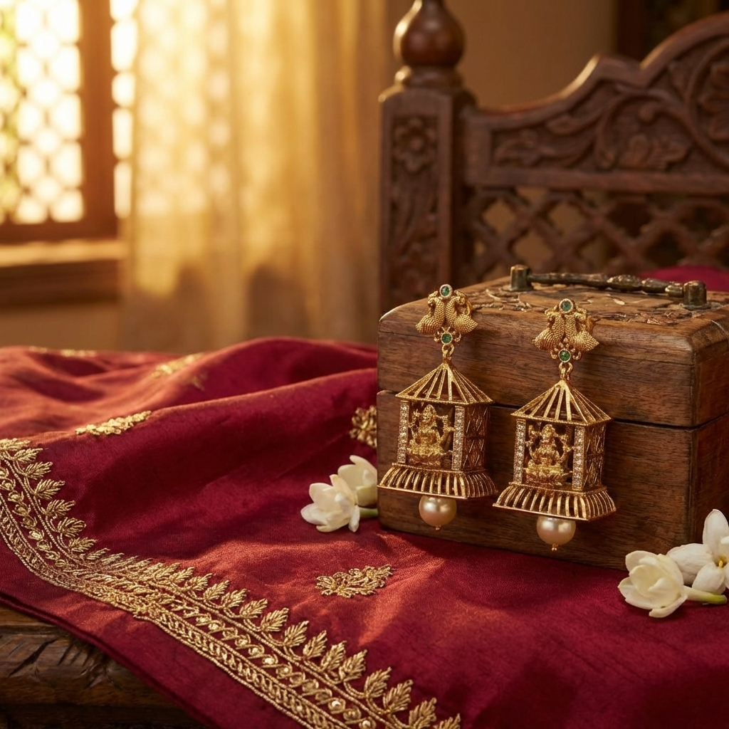 Traditional Lakshmi Temple Jhumka Earrings – Antique Gold South Indian Jewelry with Pearl Drops