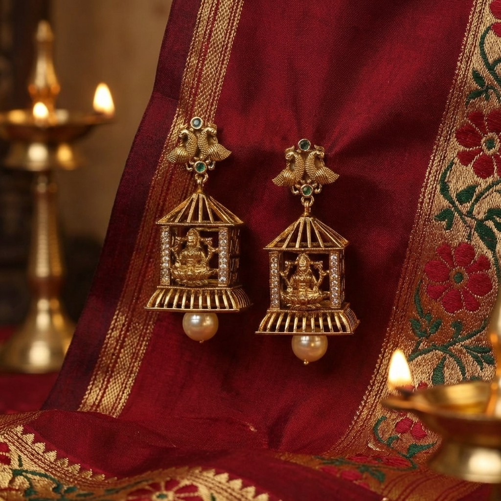 Traditional Lakshmi Temple Jhumka Earrings – Antique Gold South Indian Jewelry with Pearl Drops