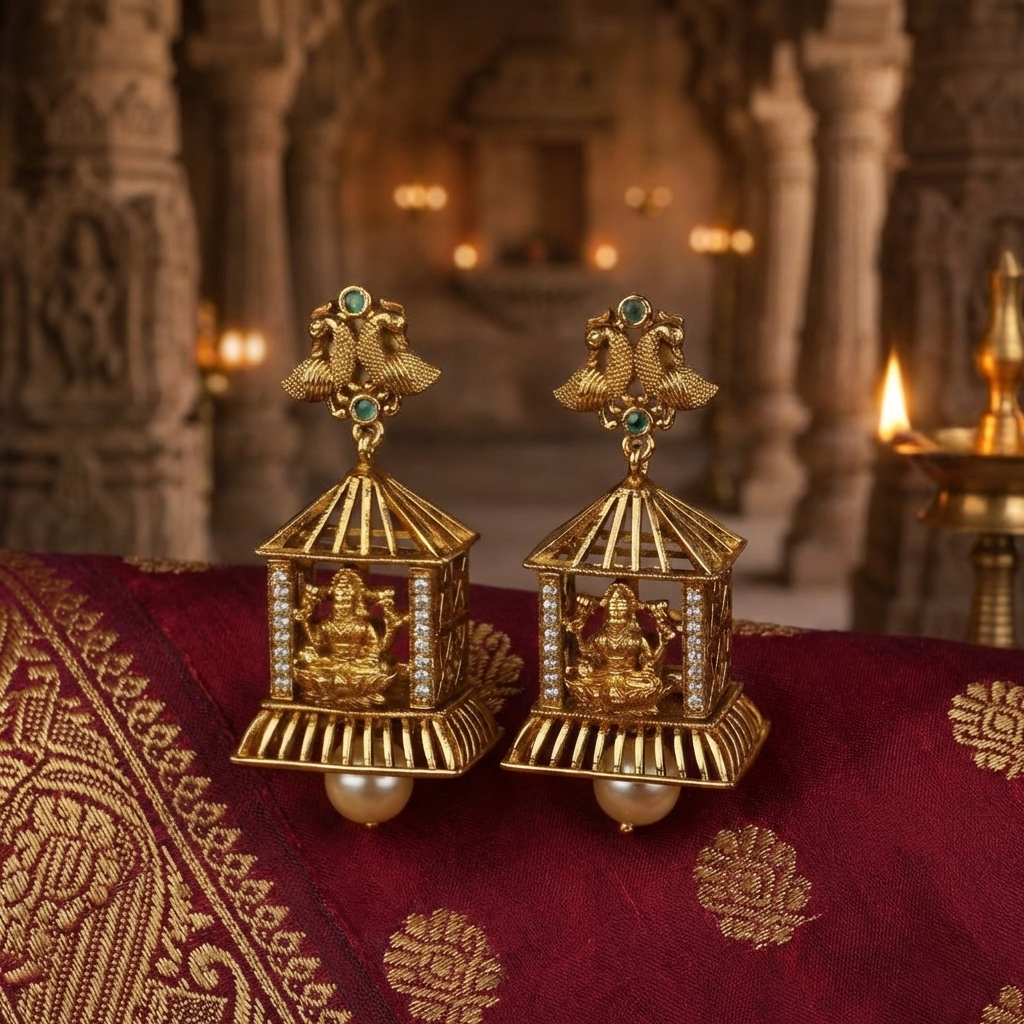 Traditional Lakshmi Temple Jhumka Earrings – Antique Gold South Indian Jewelry with Pearl Drops