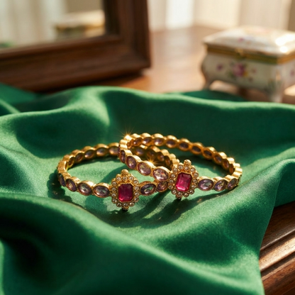 Traditional Stone Studded Kada Bangles – Antique Gold Ethnic Jewelry with Pink &amp; Purple Stones
