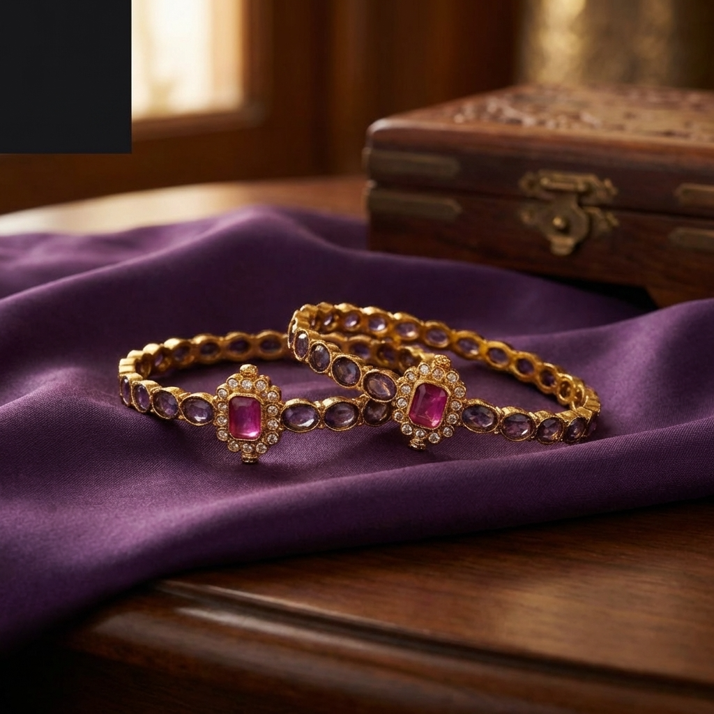 Traditional Stone Studded Kada Bangles – Antique Gold Ethnic Jewelry with Pink & Purple Stone