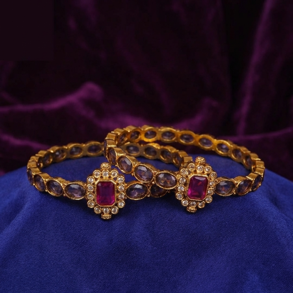 Traditional Stone Studded Kada Bangles – Antique Gold Ethnic Jewelry with Pink & Purple Stone