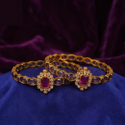 Traditional Stone Studded Kada Bangles – Antique Gold Ethnic Jewelry with Pink & Purple Stone