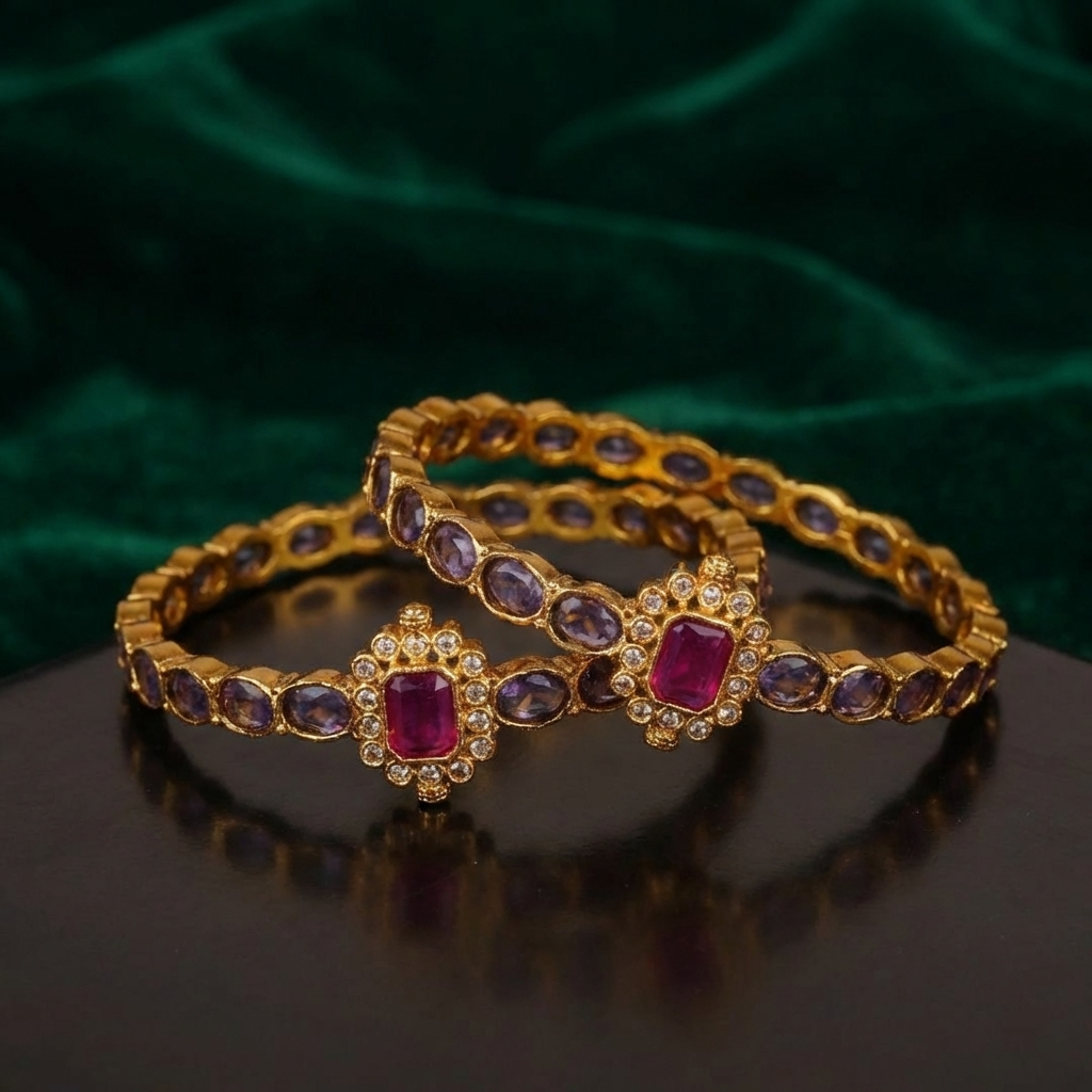 Traditional Stone Studded Kada Bangles – Antique Gold Ethnic Jewelry with Pink & Purple Stone