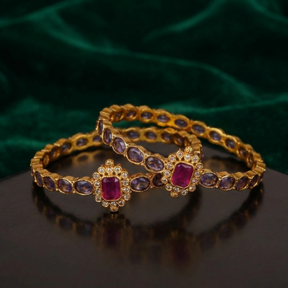 Traditional Stone Studded Kada Bangles – Antique Gold Ethnic Jewelry with Pink & Purple Stone