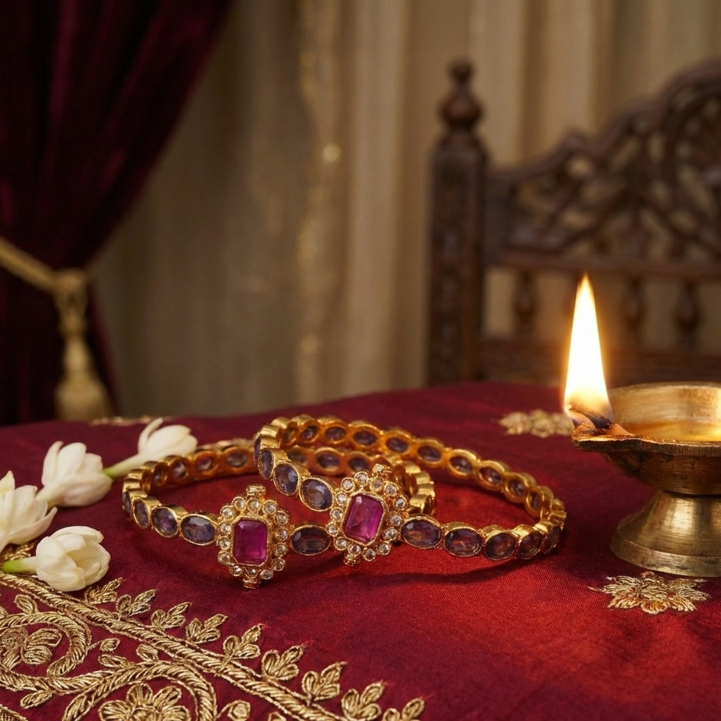 Traditional Stone Studded Kada Bangles – Antique Gold Ethnic Jewelry with Pink & Purple Stone