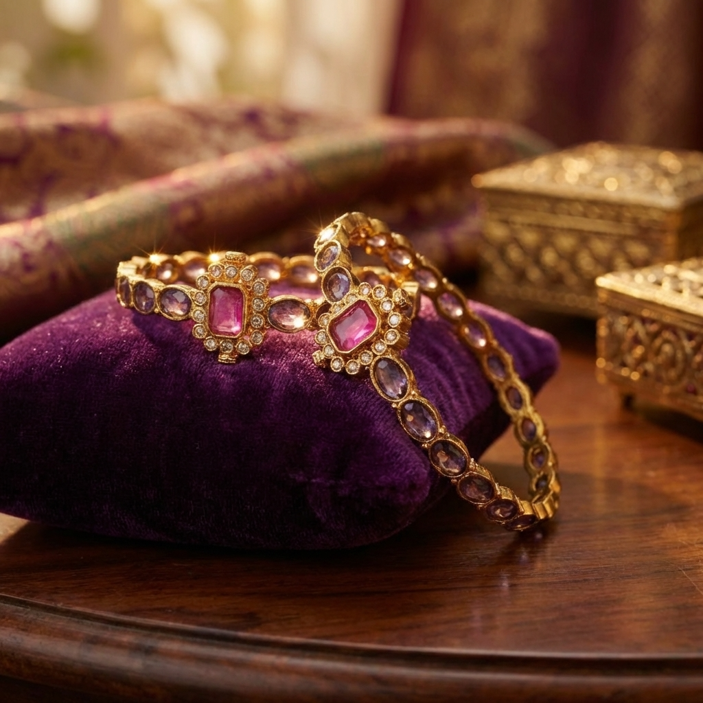 Traditional Stone Studded Kada Bangles – Antique Gold Ethnic Jewelry with Pink & Purple Stone