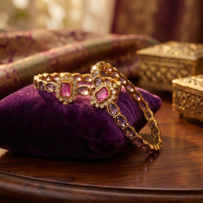 Traditional Stone Studded Kada Bangles – Antique Gold Ethnic Jewelry with Pink & Purple Stone