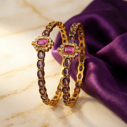 Traditional Stone Studded Kada Bangles – Antique Gold Ethnic Jewelry with Pink & Purple Stone