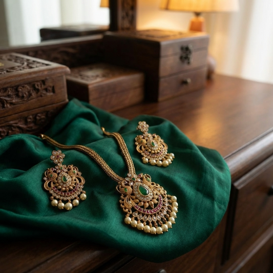 Traditional Temple Pendant Necklace Set – Antique Gold South Indian Jewelry with Earrings