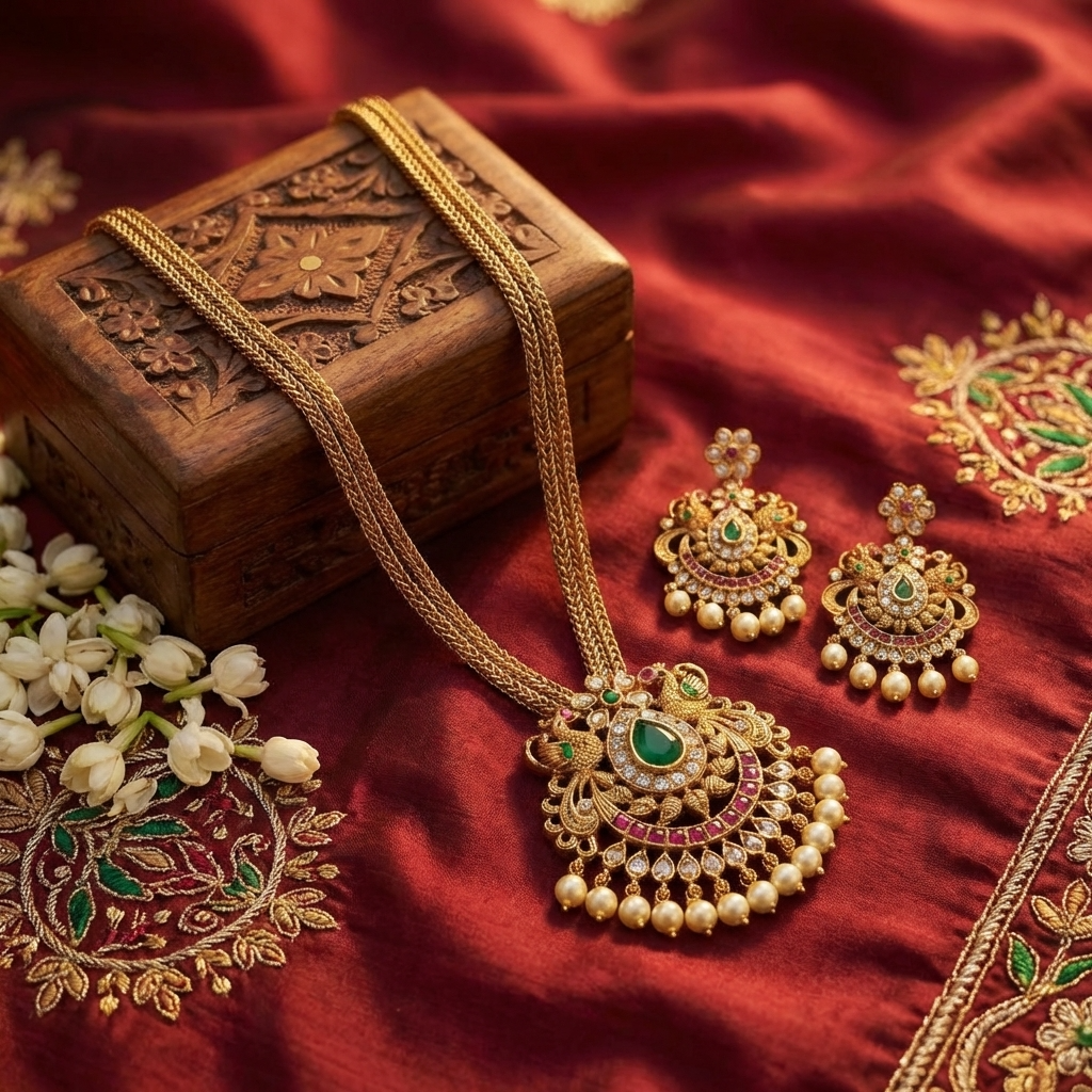 Traditional Temple Pendant Necklace Set – Antique Gold South Indian Jewelry with Earrings