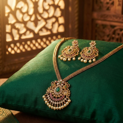 Traditional Temple Pendant Necklace Set – Antique Gold South Indian Jewelry with Earrings
