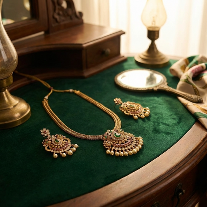 Traditional Temple Pendant Necklace Set – Antique Gold South Indian Jewelry with Earrings