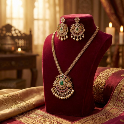 Traditional Temple Pendant Necklace Set – Antique Gold South Indian Jewelry with Earrings